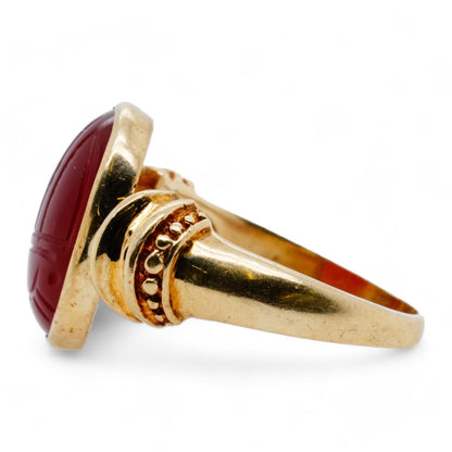 10K Gold Mid Egyptian Revival Carved Carnelian Scarab Ring