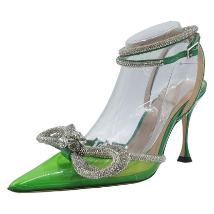 PVC Crystal Embellished Double Bow Ankle Strap Pumps Green Pump Heels