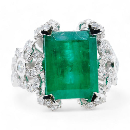 Platinum Emerald With Diamond Flower Accents Ring