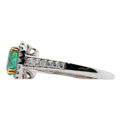 14K White Gold Oval Emerald Cocktail Ring With Diamond Halo And Shank