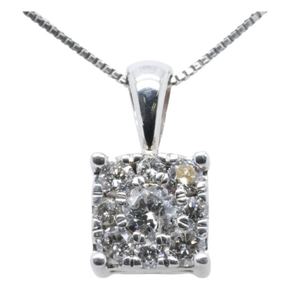 14K White Gold Square Cluster With Round Diamonds Pendant Necklace