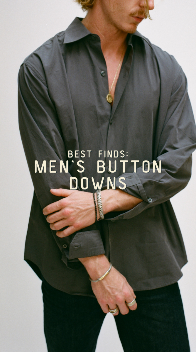 a man in a grey button down shirt. Caption: "Best Finds: Men's Button Downs"