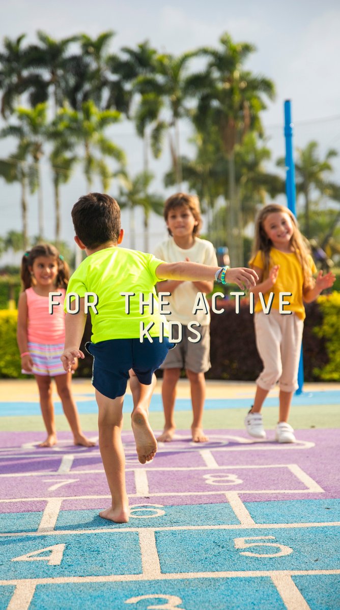 a group of kids playing on the playground. Caption: For the Active Kids. 