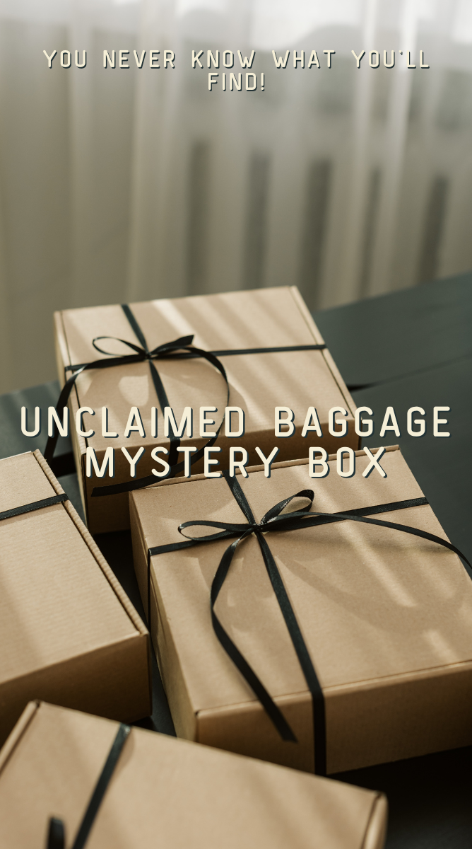 a table of wrapped boxes. Caption: You Never Know What You'll Find! Unclaimed Baggage Mystery Box