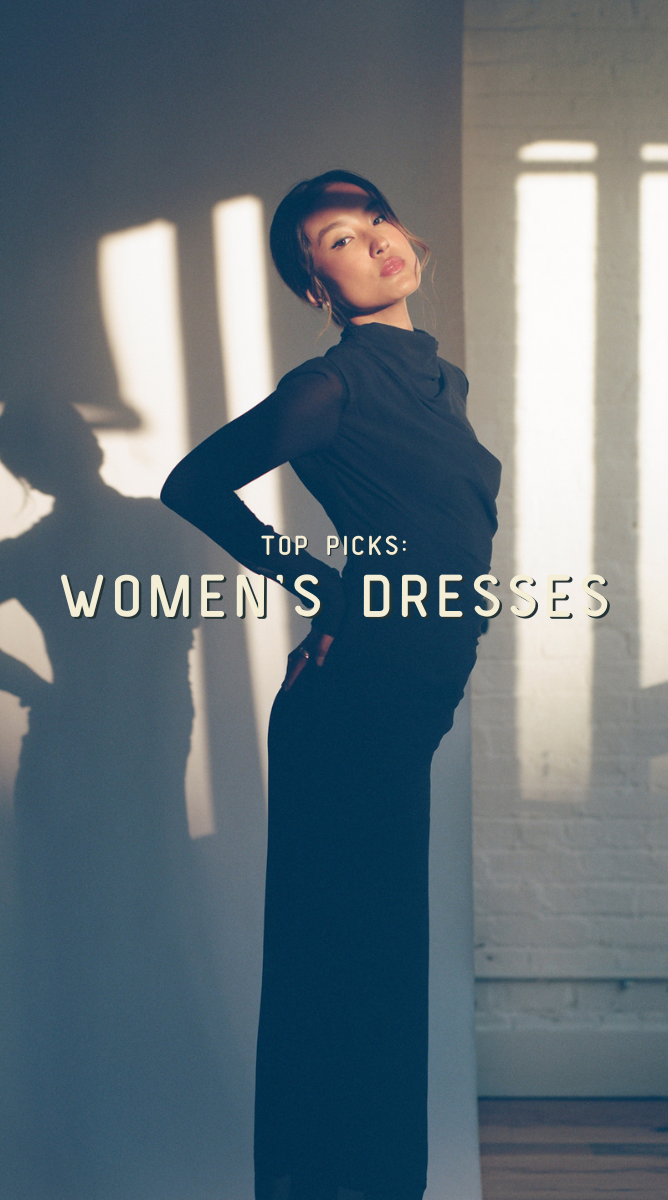 a woman in black formal dress. Caption: "top picks: women’s dresses"
