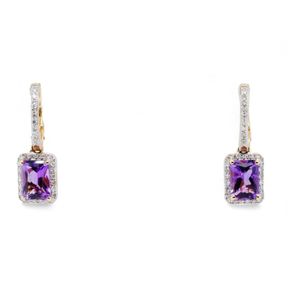 10K Gold Emerald Cut Amethyst With Diamond Halo Dangle Earrings