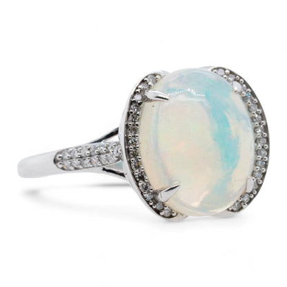 14K White Gold Oval Opal With Diamond Accents Cocktail Ring