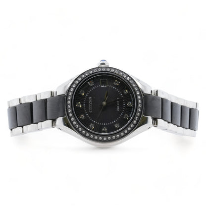 Ladies Eco-Drive Crystal Black Dial Stainless Steel Watch