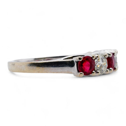 14K White Gold Red Stone And Diamond Band