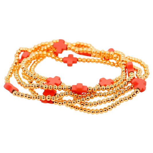 Gold Tone Red Crosses Stacking Bead Bracelets