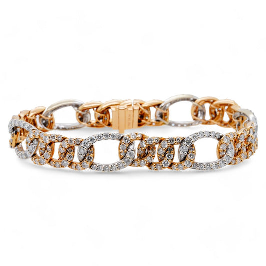 18K Two Tone Gold Figaro Link Bracelet with Pave Diamonds