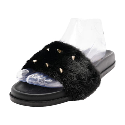 Rockstud Mink Fur Slides