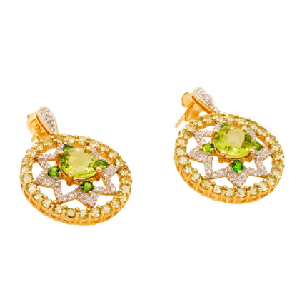 14K Gold Multicolor Green Stone And Diamonds Drop Earrings