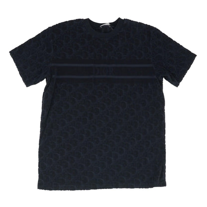 Navy Blue Terry Cotton Jacquard Oblique Relaxed-Fit T-Shirt