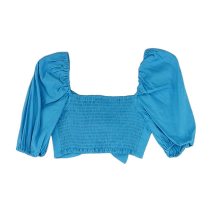 Blue Solid Cropped Knit Top