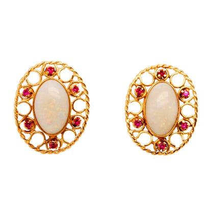 14K Gold Opal And Ruby Stud Earrings With Screw On Backs