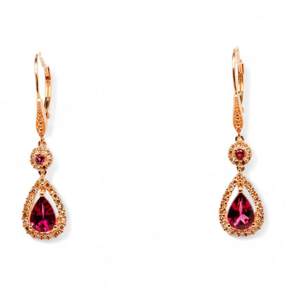 14K Rose Gold Pear Shaped Rhodolite Garnet With Diamond Halo Dangle Earrings