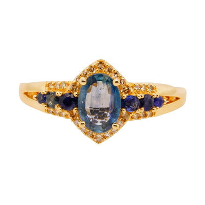 14K Gold Oval And Round Blue Sapphires With Diamond Accents Band