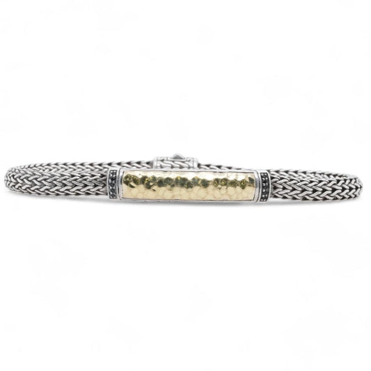 Sterling Silver Woven Bracelet With18K Gold Hammered Bar And Black Stones