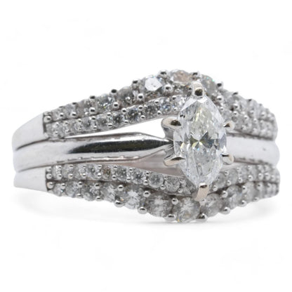 14K White Gold Marquise Cut Center Diamond Ring With Soldered Ring Guard