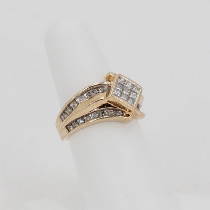 10K Gold Ring with Square Diamond Pave Center and Round Diamond Row Bypass