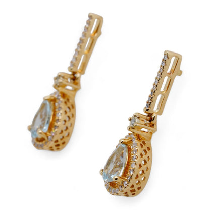 14K Gold Pear Shaped Aquamarine With Diamond Accents Dangle Earrings