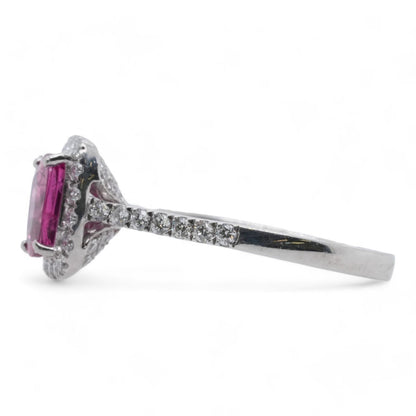 Platinum Four Prong Set Oval Natural Untreated Ruby With Diamond Halo Ring