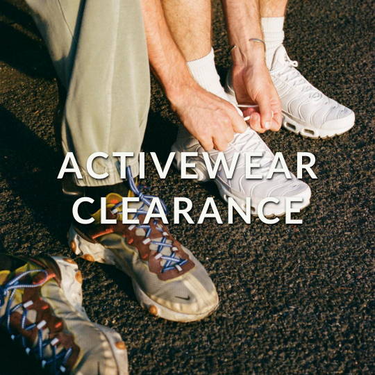 two people in sneakers with caption: "Activewear Clearance" 