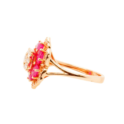 14K Rose Gold Red Stones With Diamonds Flower Cocktail Ring