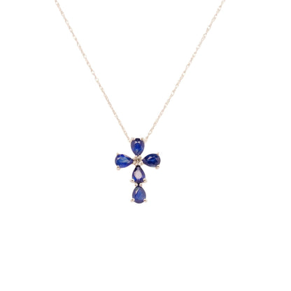 14K White Gold Blue Sapphire And Diamond Cross Pendant Necklace