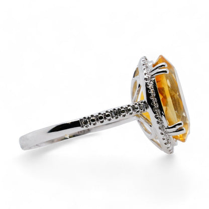 14K White Gold Citrine With Diamond Halo Cocktail Ring