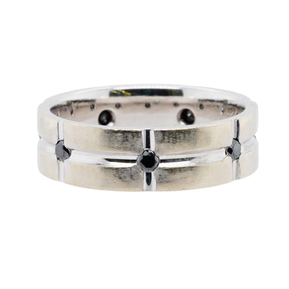 14K White Gold Grooved Band With Black Diamonds