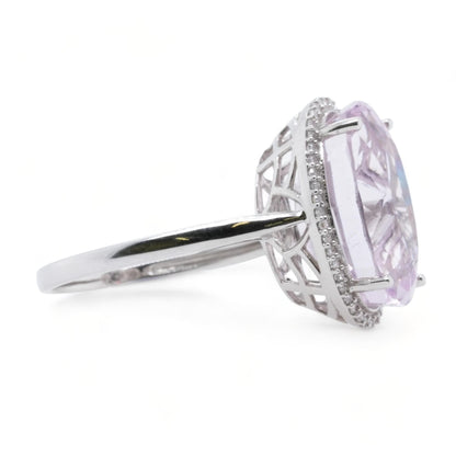 14K White Gold Oval Kunzite With Diamond Halo Ring