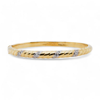 14K Two Tone Gold Hinged Bangle Bracelet With Small Diamond Accents