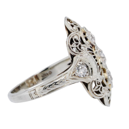 18K White Gold Vintage Lace Style Setting With Mine Cut Diamonds Ring