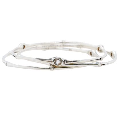 Set Of Three Sterling Silver Bamboo White Topaz Bangle Bracelets