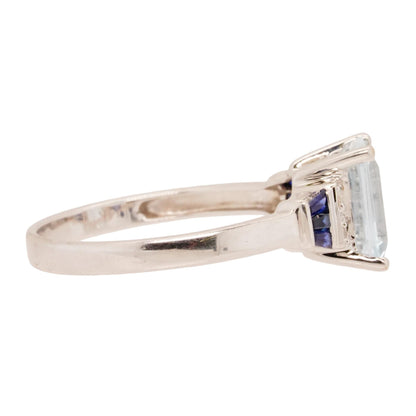 14K White Gold Emerald Shaped Aquamarine With Diamond And Sapphire Accents Band