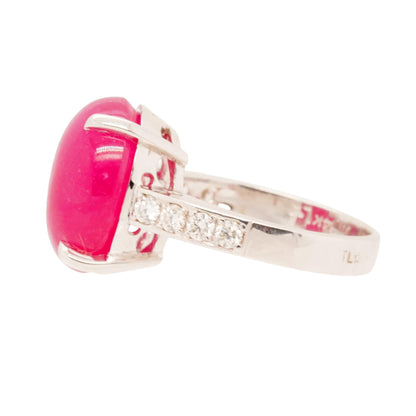 14K White Gold Ruby Cabochon With Diamond Accented Shank Ring