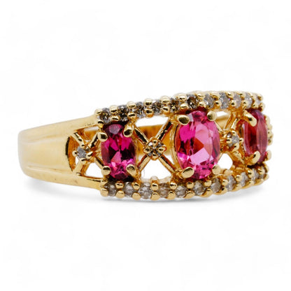 14K Gold Three Oval Pink Stones With Round Diamond Accents Band