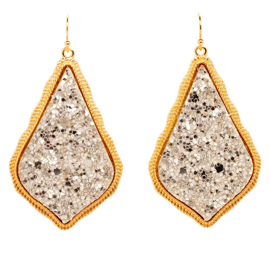 Gold Tone Teardrop Silver Glitter Drop Earrings