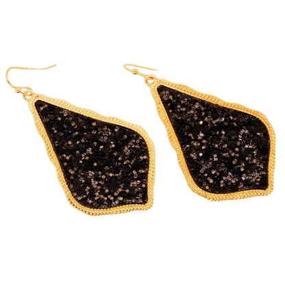 Gold Tone Teardrop Black Glitter Drop Earrings