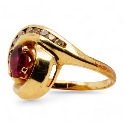 14K Gold Oval Maroon Stone With Diamond Accents Bypass Band