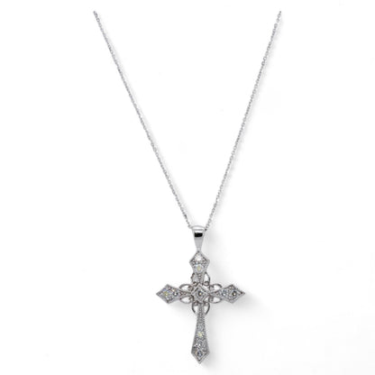 14K White Gold Diamond Ornate Cross With Milgrain Detail Pendant Necklace