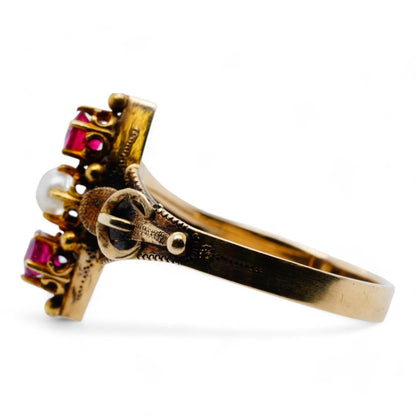 14K Gold Antique Victorian Two Round Rubies And Pearl Cocktail Ring