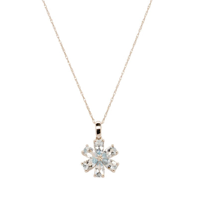 14K White Gold Aquamarine Flower With Diamond Center Pendant Necklace