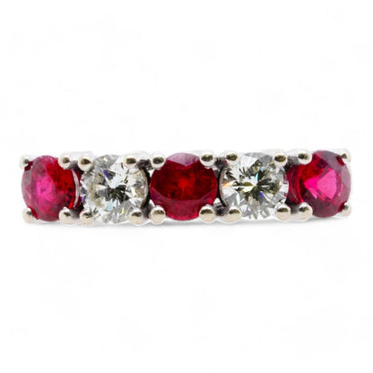 14K White Gold Red Stone And Diamond Band