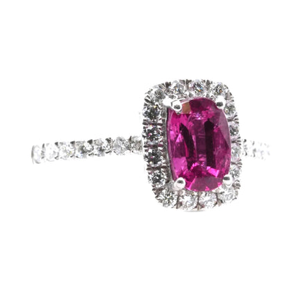 Platinum Four Prong Set Oval Natural Untreated Ruby With Diamond Halo Ring