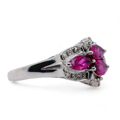 14K White Gold Marquise Cut Ruby Cocktail Ring Set East/West With Diamond Accent