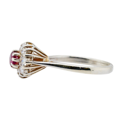 14K White Gold Ruby Center With Diamond Halo Cocktail Ring