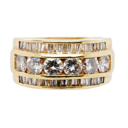 14K Gold Round And Baguette Three Row Diamond Wide Band